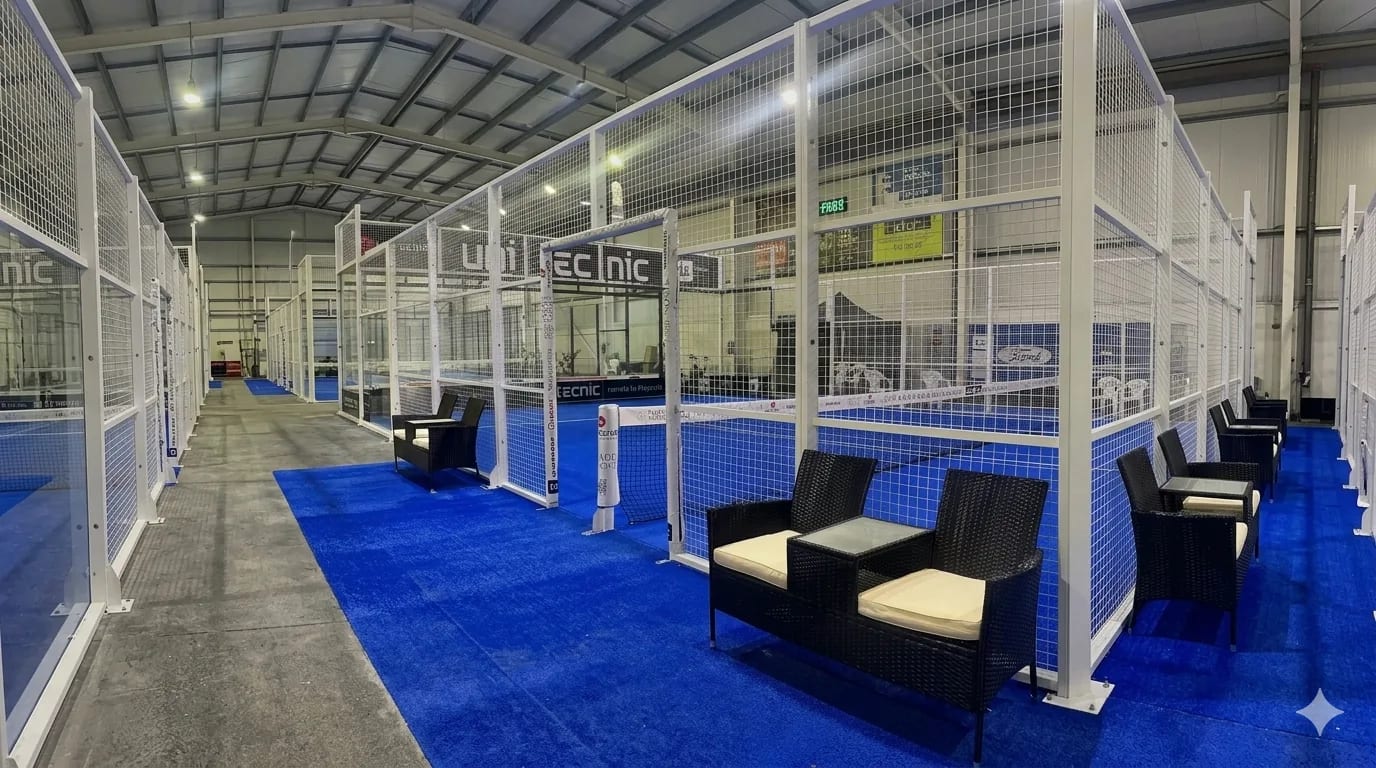 Zona de descanso entre pistas con sillones de mimbre en Pádel Pista Norte