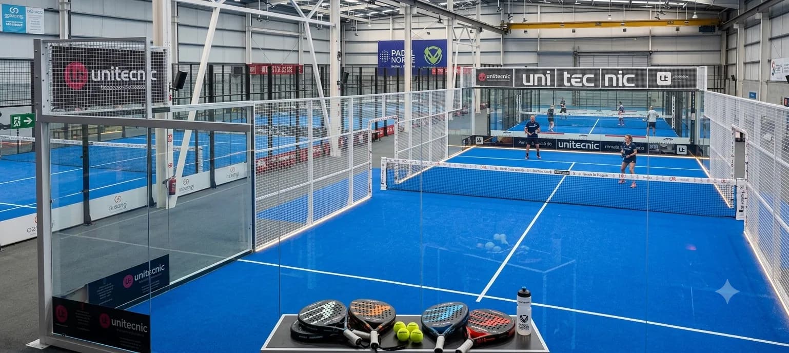Vista panorámica de las 4 pistas indoor con paredes de cristal de Pádel Pista Norte